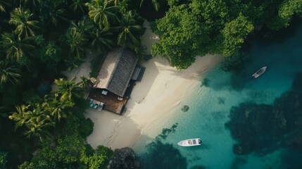 Aufkleber - Lush tropical vegetation surrounds a secluded overwater bungalow on a pristine white sand beach, with two boats anchored in the clear turquoise water, creating a serene and idyllic island escape