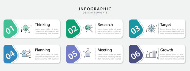 Fototapete - Infographic template. 6 Step timeline journey, Flat simple infographics design template. presentation graph. Business concept with numbers 6 options or steps vector illustration.