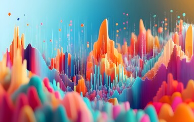 Poster - Vibrant abstract landscape with colorful peaks and textures, creating an immersive digital world full of energy.