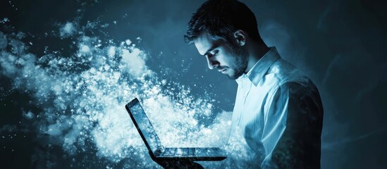 Poster - Abstract Coding Concept with Man Using Laptop Amidst Digital Cloud