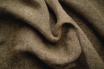Poster - Close-up detail of a textured brown burlap fabric, with natural folds and patterns adding depth, conveying rustic elegance and organic warmth perfectly.