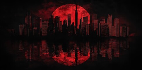Poster - City skyline reflected on water under a crimson moon