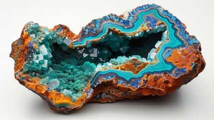 Aufkleber - The extraordinary mineral specimen reveals intricate layers and stunning colors, highlighting the unique crystal structures within an angular rock formation.
