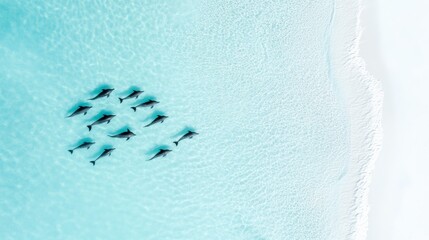 Aufkleber - Aerial view of a pod of dolphins swimming in crystal clear turquoise water near a pristine white sand beach, creating a breathtaking scene of marine wildlife in a tropical paradise