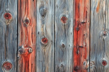 Poster - Detailed close-up of a rustic wooden plank fence with aged gray and red painted surface, showing textures, weathered knots and grain pattern for background use.