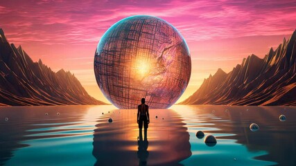 Aufkleber - Surreal vaporwave scene with golden ball on the landscape with mountains and sea. 90s styled abstract surreal pink composition