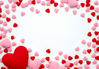 Wall Mural - Love Valentine's background with pink falling hearts over white. Valentine's Day background with red and pink hearts on a white background, flat lay.