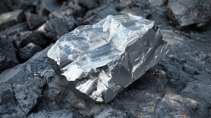 Aufkleber - A large mineral rock displays a reflective metallic surface, surrounded by rugged, dark gray terrain under bright sunlight, highlighting its geological significance.