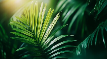 Canvas Print - Lush green palm leaves backlit by sunlight.