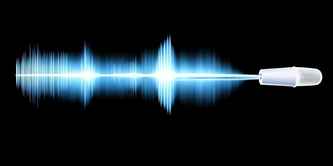 Poster - Abstract Blue Sound Waves emanating from a Microphone Digital Audio Recording Concept
