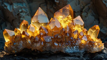 Fototapete - Clusters of golden quartz crystals shine brightly in sunlight, highlighting their sharp facets and natural formations against a textured backdrop of dark rock.
