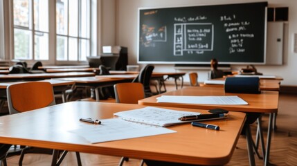 Poster - A classroom with a blackboard and a few students sitting at desks
