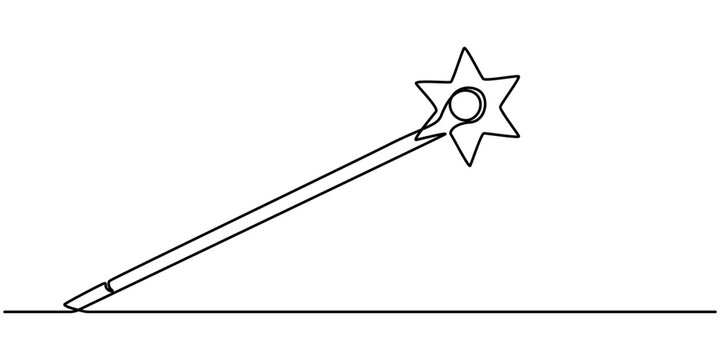 continuous line drawing of magic wand with star head.one line drawing of magic wand for carnival event.single line vector illustration.isolated white background, Magic Wand Icon Flat Design, minimal. 