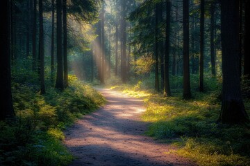 Poster - Sunlight streams through the trees, illuminating a winding path in the deep forest, creating a magical and inviting atmosphere for a peaceful walk.