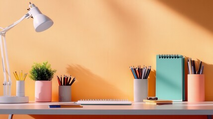 Aufkleber - A desk with a lamp, a keyboard, a notebook, and a few pens