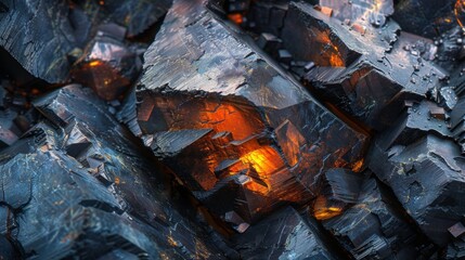 Fototapete - A cluster of charcoal like rocks reveals glowing embers at their core, casting an enchanting light in a dim environment, evoking warmth and mystery.