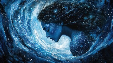 Wall Mural - Serene water spirit emerges from swirling cosmic ocean waves