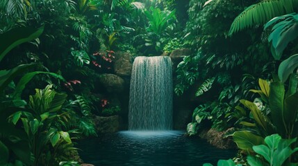 Poster - Sunlight filtering through the dense rainforest canopy illuminates a mesmerizing waterfall cascading into a serene pond, surrounded by vibrant green foliage and exotic plants