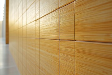 Poster - An eye-level view of a bamboo tiled wall creating a warm, natural aesthetic, perfect for use as background or to showcase eco-friendly interior design with selective focus.