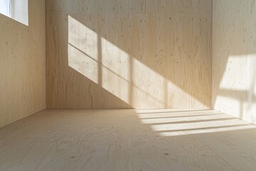 Poster - An empty room lined with birch plywood, featuring natural sunlight streaming in, creating shadows and highlighting the wood's texture and grain pattern.