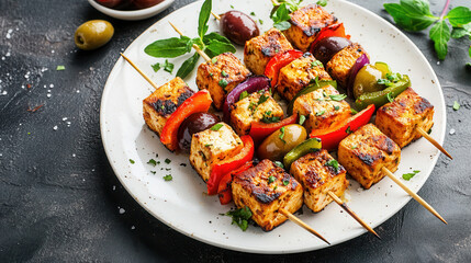 Wall Mural - Delicious Greek tofu skewers served with olives and grilled peppers on a white plate in natural light