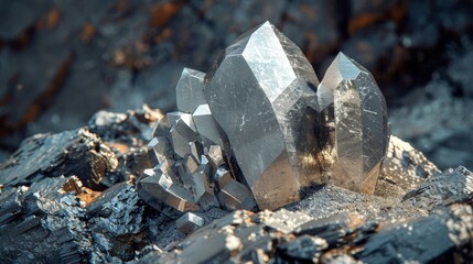 Fototapete - A cluster of sharp, reflective crystals emerges from a rugged rocky surface, illuminated by soft natural light, showcasing intricate textures and gleaming surfaces.