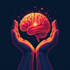 Poster - Hands gently cradle a glowing brain symbolizing knowledge and creativity. The vibrant colors and radiant light create an inspiring atmosphere of innovation and thought.