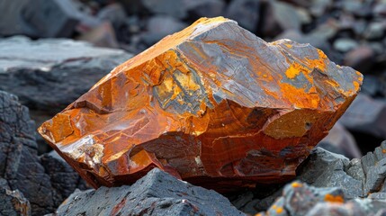 Poster - Unique orange mineral rock is situated among various dark rocks under sunlight, showcasing detailed patterns and textures that highlight its geological features and beauty