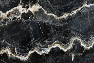 Poster - Sophisticated black marble texture featuring intricate white and gold veins, ideal for upscale backgrounds and elegant designs with a touch of natural luxury and timeless appeal.