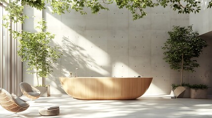 Canvas Print - Sunlit lobby with wooden reception desk, potted plants, and comfortable seating.