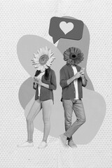 Wall Mural - Collage photo of couple headless users sunflower red gerbera together gadgets chatting love notification heart isolated on blue color background