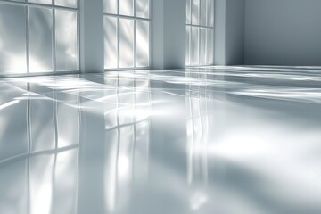 Poster - A bright and airy modern room with sunlight streaming through large windows, creating patterns on the shiny floor. The room is empty and minimalist in design.
