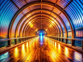 Poster - Glowing Tunnel Abstract Architecture: Wooden Floor Perspective Stock Photo