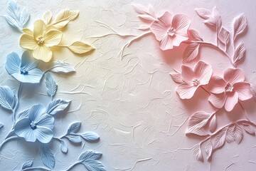 Poster - Elegant floral background with 3D embossed flowers in blue, yellow and pink, creating a textured, pastel and romantic aesthetic, decorative pattern, wall art.