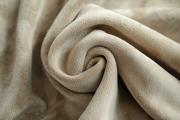 Poster - Detailed close-up of soft, textured beige fabric curled into a spiral shape, highlighting the intricate surface and inviting tactile sensation, creating a cozy ambiance.