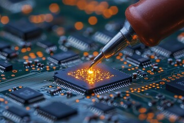 Poster - An intense close-up shows a soldering iron applying heat to a microchip on a circuit board, representing electronic repair and cutting-edge technology.