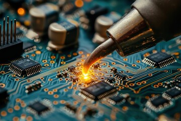 Poster - Close-up of a soldering iron repairing a complex electronic circuit board, with visible sparks and detailed components showcasing intricate technology and precision engineering.