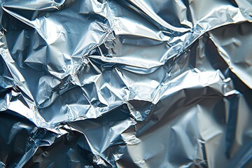 Poster - A highly reflective, crumpled aluminum foil surface, creating dynamic light and shadow patterns, perfect for abstract backgrounds and design textures.