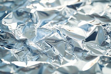 Poster - Macro shot of crumpled silver foil reflecting light, creating a modern, abstract background with dynamic highlights and shadows, perfect for textured design elements.