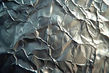 Poster - Close-up of crumpled aluminum foil capturing dramatic highlights and deep shadows, providing a versatile background for artistic and design projects.
