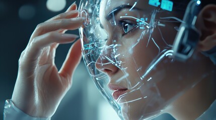 Aufkleber - A woman is looking at a computer screen with a face on it