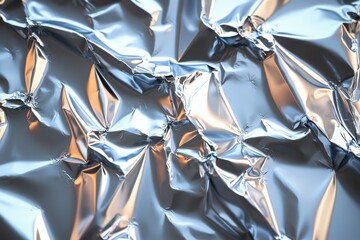 Poster - Captivating close-up of crumpled aluminum foil creates an abstract, reflective texture with dynamic patterns and a modern aesthetic, ideal for backgrounds.