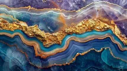 Leinwandbilder - Beautifully layered agate stone showcases an array of vibrant colors, including blues, oranges, and golds, highlighting natural geological formations and textures.