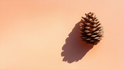 A single pinecone casts a shadow on a light peach backdrop