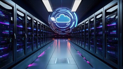 Leinwandbilder - A computer server room with a large blue cloud on the wall