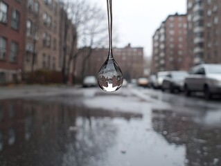 Poster - raindrop reflection on urban street cityscape wet pavement close-up view nature and architecture ble