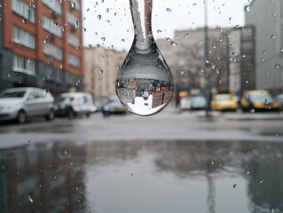 Poster - raindrop reflection capturing urban life city street rainy weather close-up view visual storytelling