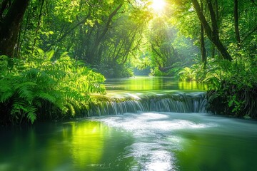 Poster - A tranquil river flows through a lush green forest with sunlight streaming through the trees, illuminating the fresh, vibrant foliage and gentle waterfall, creating a peaceful scene.