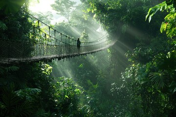 Poster - A solitary traveler crosses a high suspension bridge deep within a lush rainforest, bathed in sunbeams, capturing a sense of adventure and nature's tranquility.