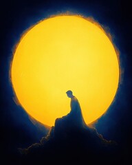 Poster - Meditative reflection under a radiant sun tranquil landscape digital art serene viewpoint